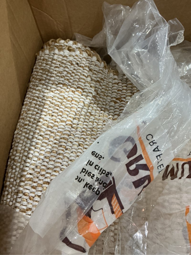 Condition photo showing Good Condition for gruhum jute cotton area rug 5'x8' ft rectangle handwoven natural fabric farmhouse rug for living room, bedroom kitchen - rustic vintage bohemian eco-friendly carpet home décor 5x8 ft natural boho rug 5' x 8' (rectangular) natural - white