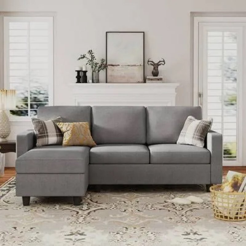 (Incomplete Set, Only 1 Box) HONBAY L Shaped Sofa Sectional Couch with Movable Ottoman for Living Room Furniture Set, Linen Gray