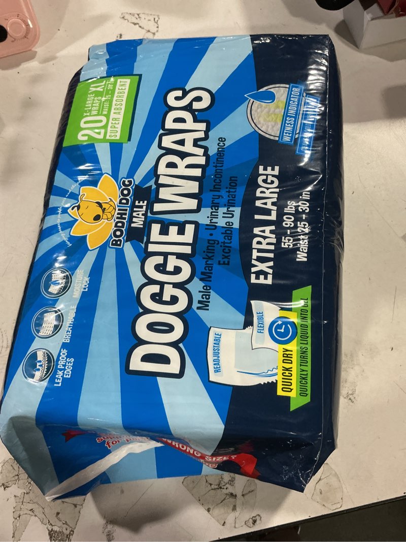Condition photo showing New/Like New for bodhi dog disposable male dog diapers - super absorbent, leak-proof pee wraps - adjustable fit, comfortable design, advanced moisture control, and wetness indicator - extra large (20 count)