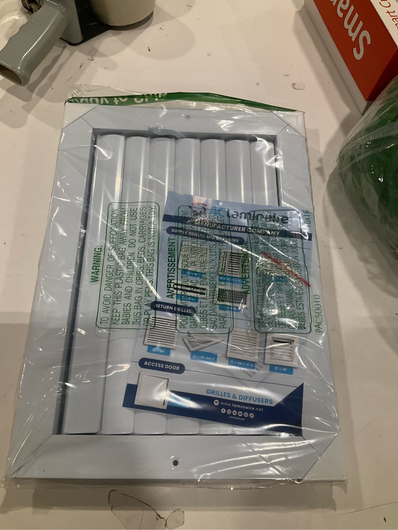 Condition photo showing New/Like New for 8x12 aluminum 1-way air vent cover wall or ceiling register – multi-shutter damper – adjustable curved blade – plastic seal tight fit – quiet hvac 8" x 12” duct hole -1 way
