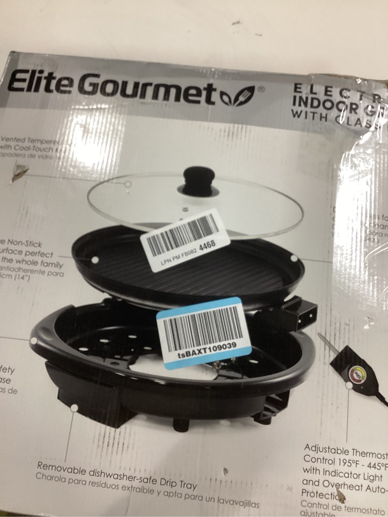 Condition photo showing Good Condition for Elite Gourmet EMG-980B Smokeless Electric Tabletop Grill Nonstick, 6-Serving, Dishwasher Safe Removable Grilling Plate, Grill Indoor, Tempered Glass Lid, Adjustable Temperature, 14" Black