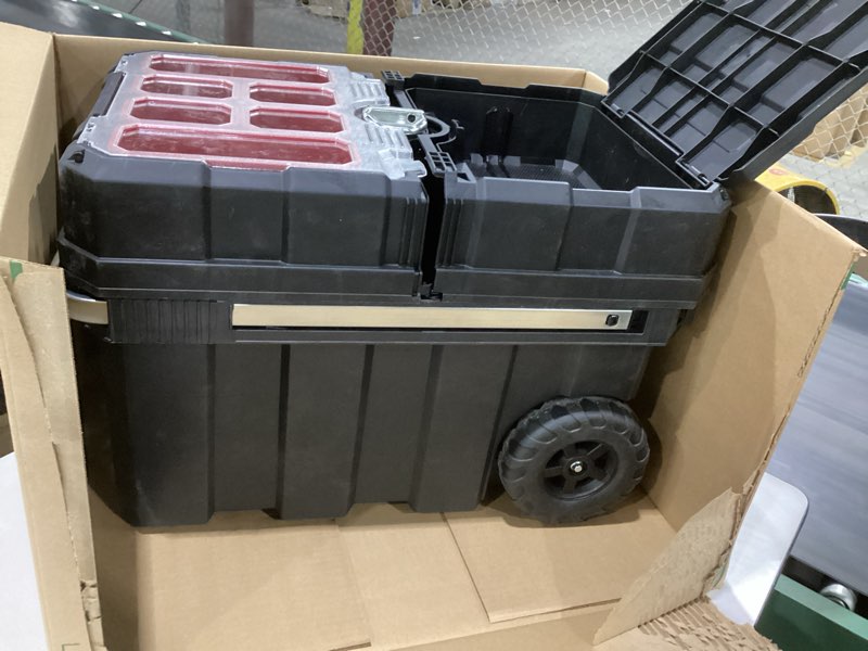 Condition photo showing As Is for keter masterloader resin rolling tool box with locking system and removable bins – perfect organization and storage chest for power drill, tape measure, and screwdriver set, black