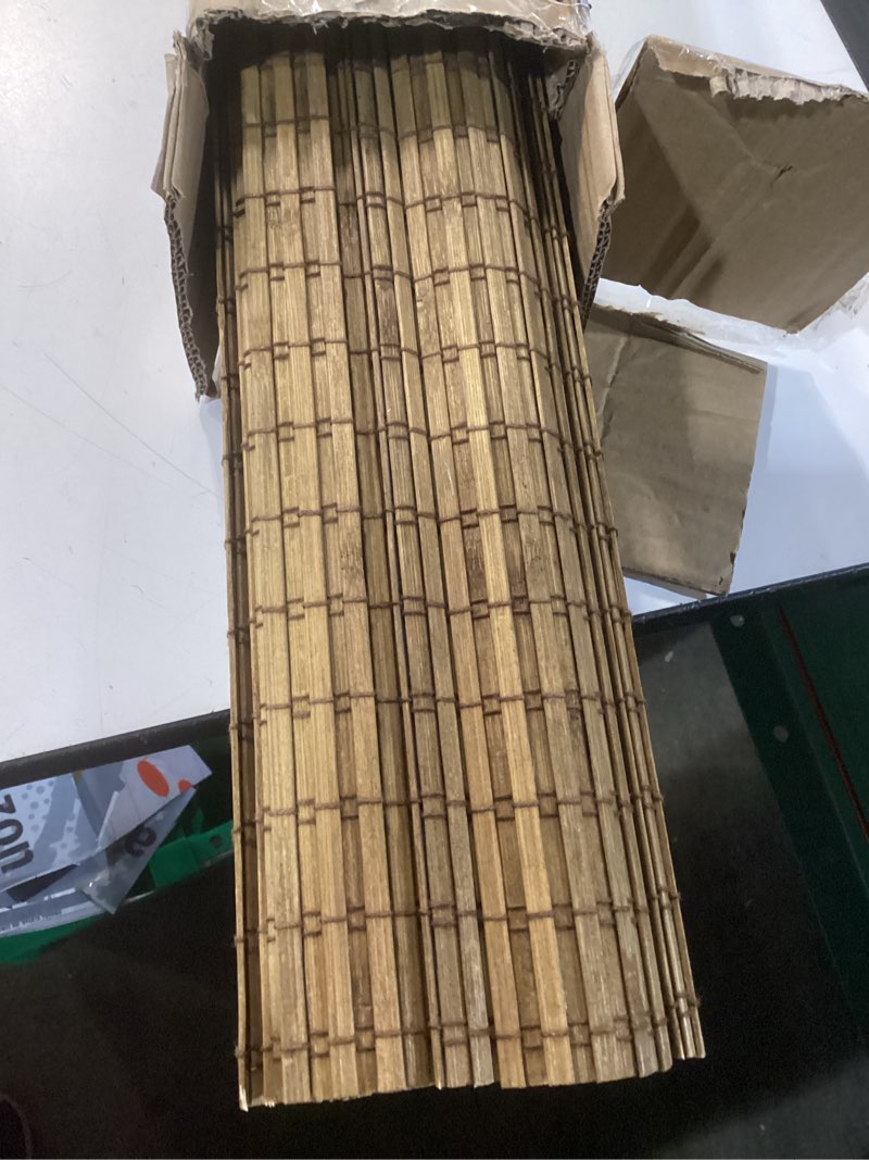 Condition photo showing Good Condition for lazblinds cordless bamboo roman shades, privacy blinds for interior windows, room darkening roll up bamboo blinds for home & patio, 29" w x 64" h, highfield teak pricacy - highfield teak 29" w x 64" h