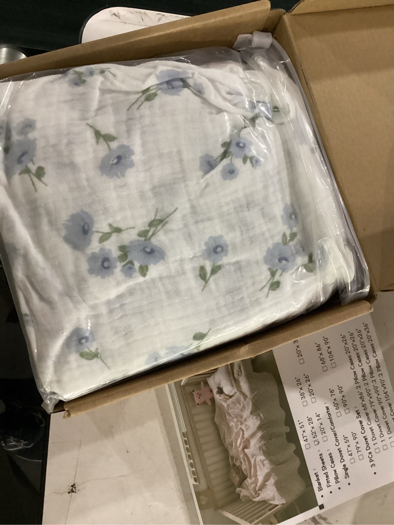 Condition photo showing New/Like New for pack and play sheets for baby boy and girl 2 pack, neutral muslin cotton pack n play mattresses sheet 27"x39", muslin nursery bedding soft and breathable comfort (bluebell bloom & light blue) bluebell bloom & light blue pack n play sheet