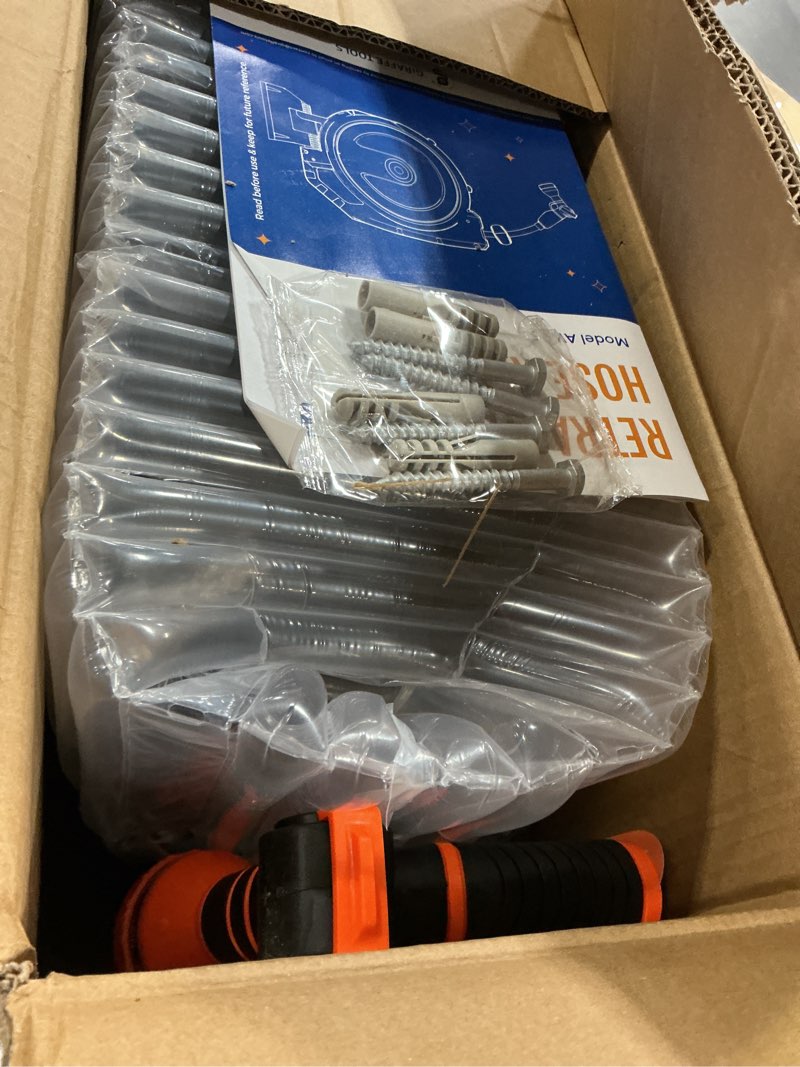 Condition photo showing New/Like New for giraffe tools hose reel 1/2‘’ 78 ft, heavy duty retractable garden hose reel with any length lock, slow return system, wall mounted and 180 deg swivel bracket 1/ 2"78 ft