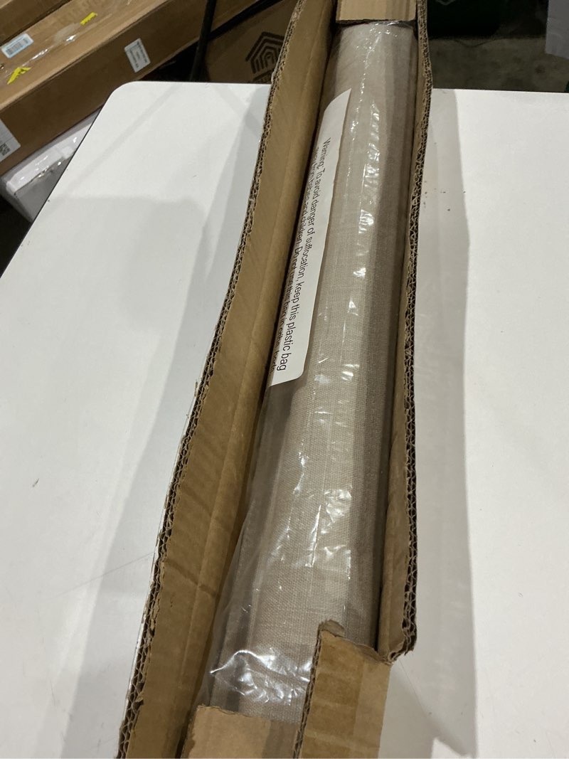 Condition photo showing Good Condition for tool-free, drill-free, cord-free roman blinds, 100% blackout for windows, size 19 3/4" wide x 60" high (for windows 24wide x 60" high), blackout - beige