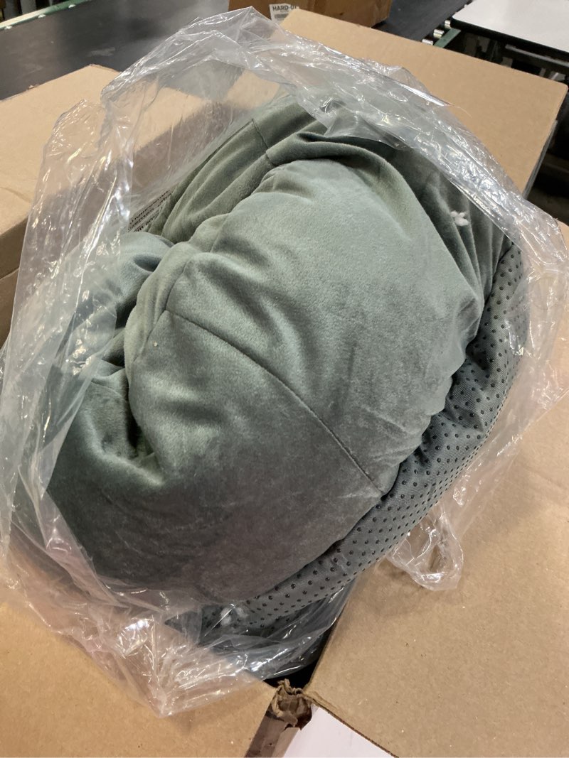 Condition photo showing As Is for Furhaven 27" Round Calming Donut Dog Bed for Medium/Small Dogs, Washable, For Dogs Up to 45 lbs - Plush Velvet Waves Hooded Donut Bed - Dark Gray, Medium Dark Gray 27" x 27" x 8.5"