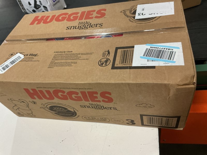 Condition photo showing New/Like New for huggies size 3 diapers, little snugglers baby diapers, size 3 (16-28 lbs), 168 count (6 packs of 28), packaging may vary