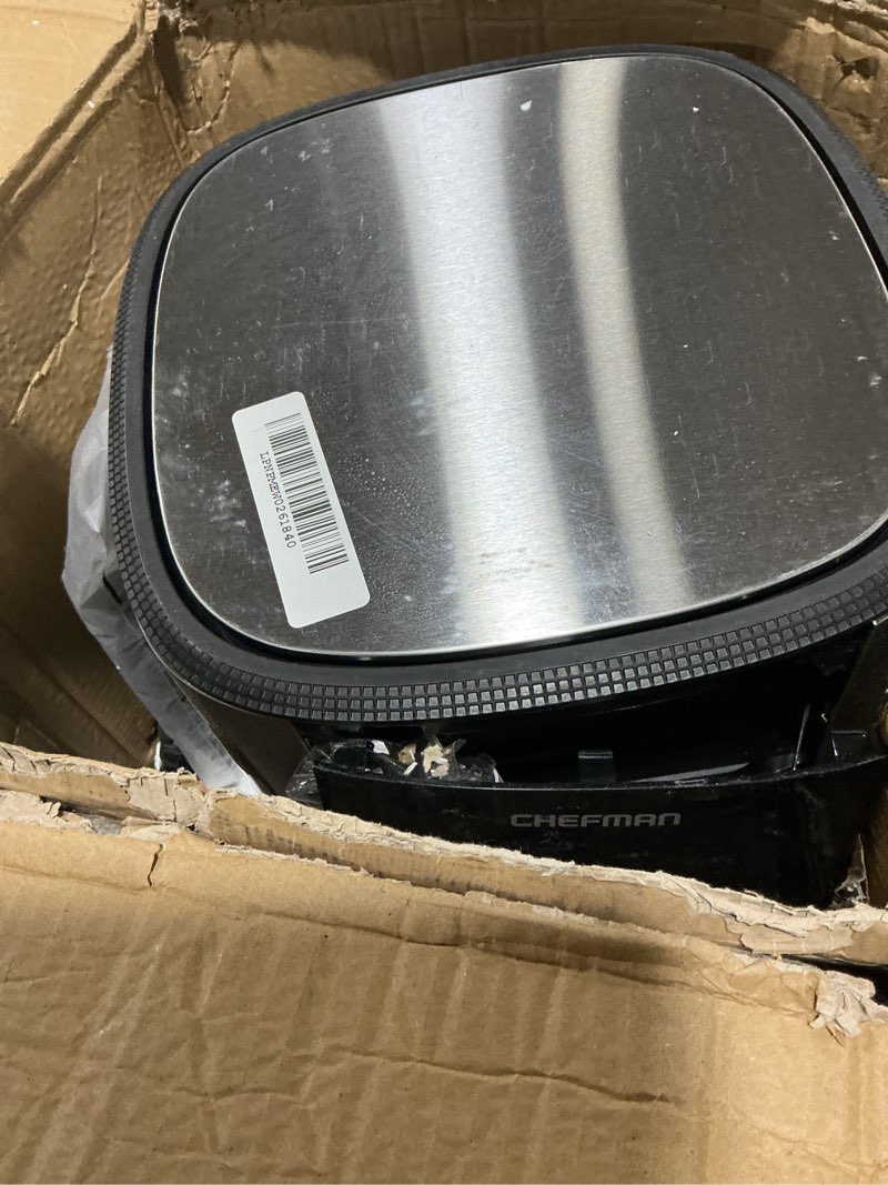 Condition photo showing As Is for CHEFMAN Easy-View Air Fryer – 8 Qt Family Size with Viewing Window, One-Touch Digital Control with 4 Presets, Nonstick & Dishwasher Safe, Broil, Roast, Dehydrate, Bake, Auto-Shutoff, Stainless Steel 8.0 Quarts Stainless steel