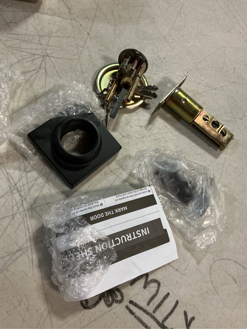 Condition photo showing As Is for (incomplete)matte black square deadbolt lock 2 pack, keyed alike single cylinder deadbolt lock for front door entrance, modern keyed dead bolt for exterior & interior, keyed 1 side matte black 2 pack