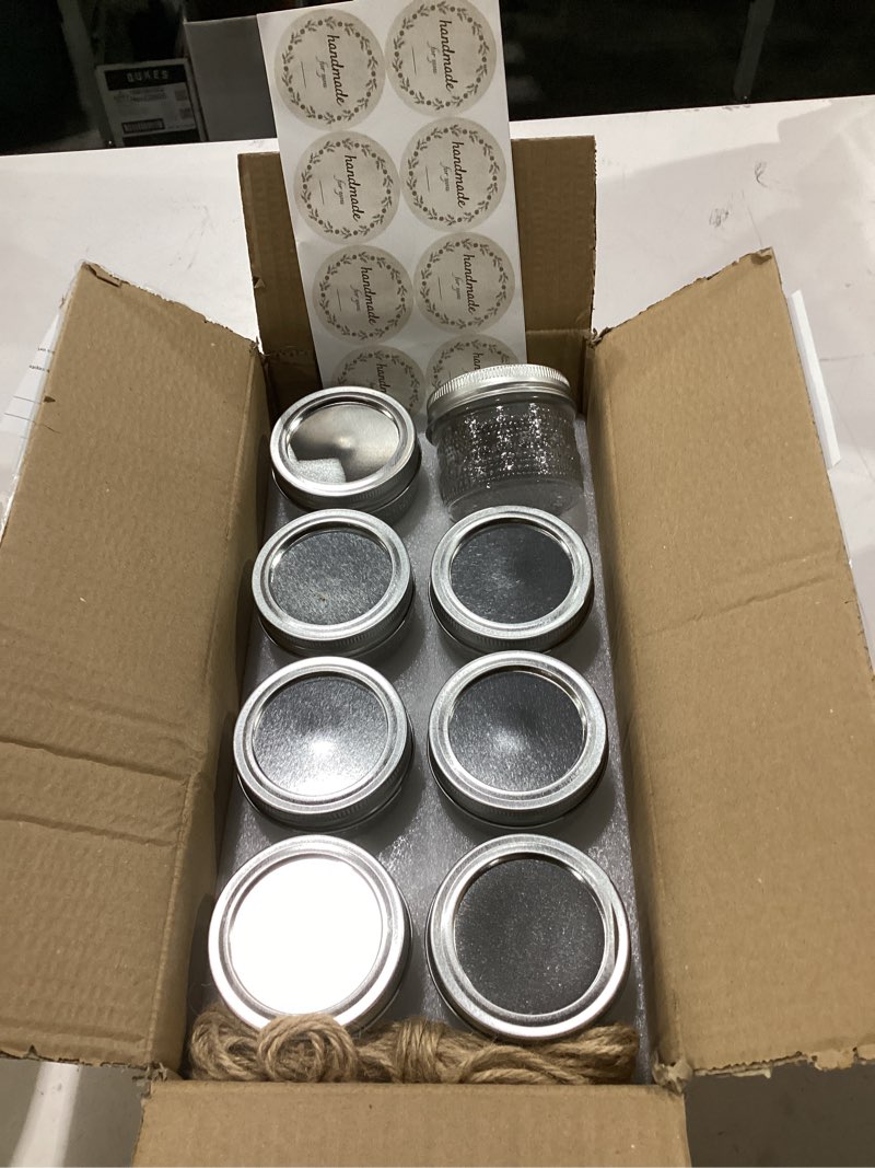 Condition photo showing New/Like New for 8 pack small glass jars with lids - 4oz vintage embossed mini mason jars ,regular mouth mason canning jar with seal bands for jam, honey, jelly, dessert, spice, wedding favors, diy candles decor