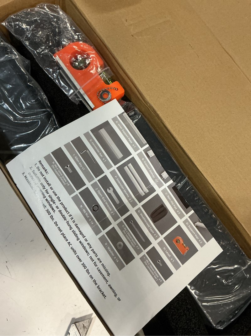 Condition photo showing New/Like New for window ac support bracket, no-drill no-tool air conditioner support bracket adjustable wall mount, heavy duty steel holds up to 300lbs, fits single or double hung windows, black