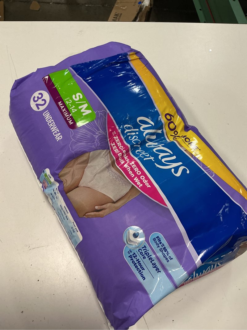 Condition photo showing New/Like New for always discreet adult diapers for women, incontinence underwear, postpartum essentials, disposable briefs, max absorbency, bladder leak protection, small/medium, 32ct small/medium 32