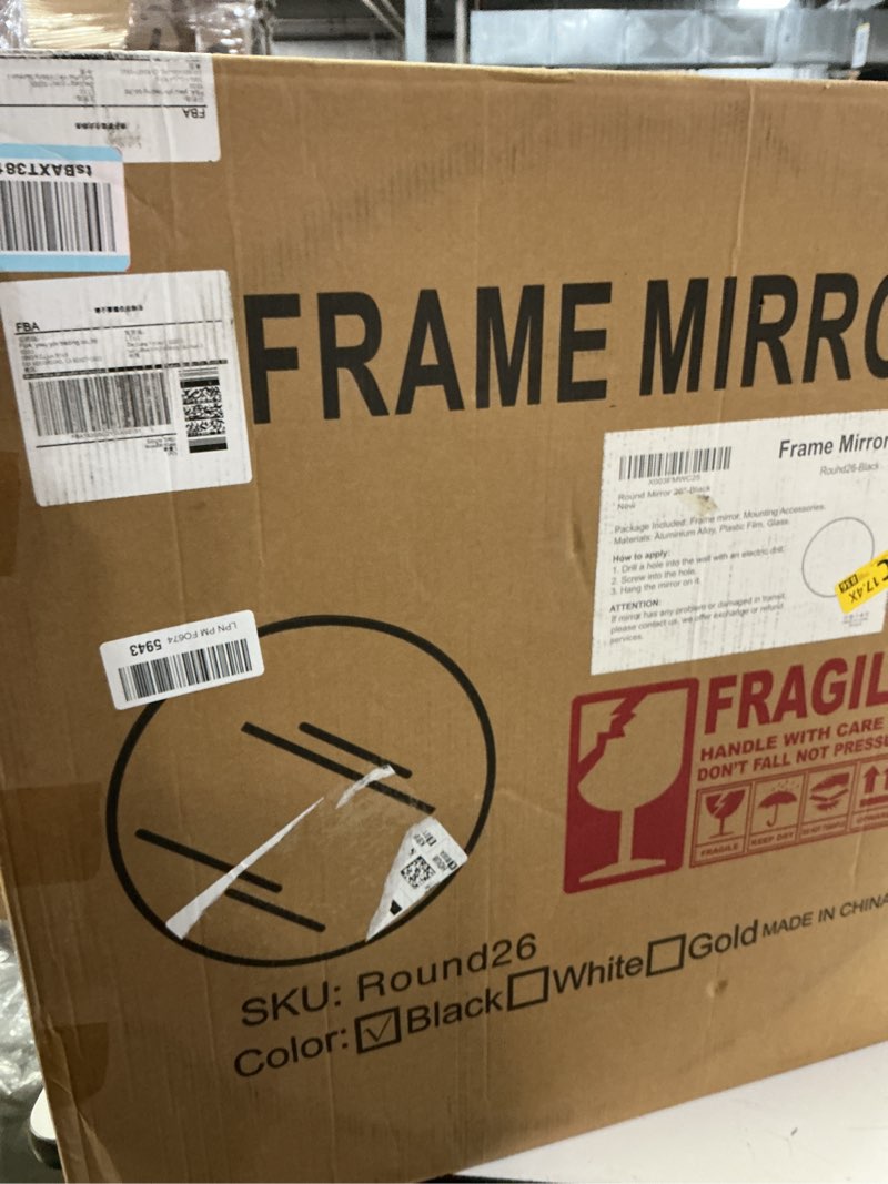 Condition photo showing New/Like New for Black Frame Mirror, Bathroom Mirrors for Wall,26'' Round Circle Mirror for Entryway Bedroom Vanity(26'',Black) Round Black 26"L x 26"W
