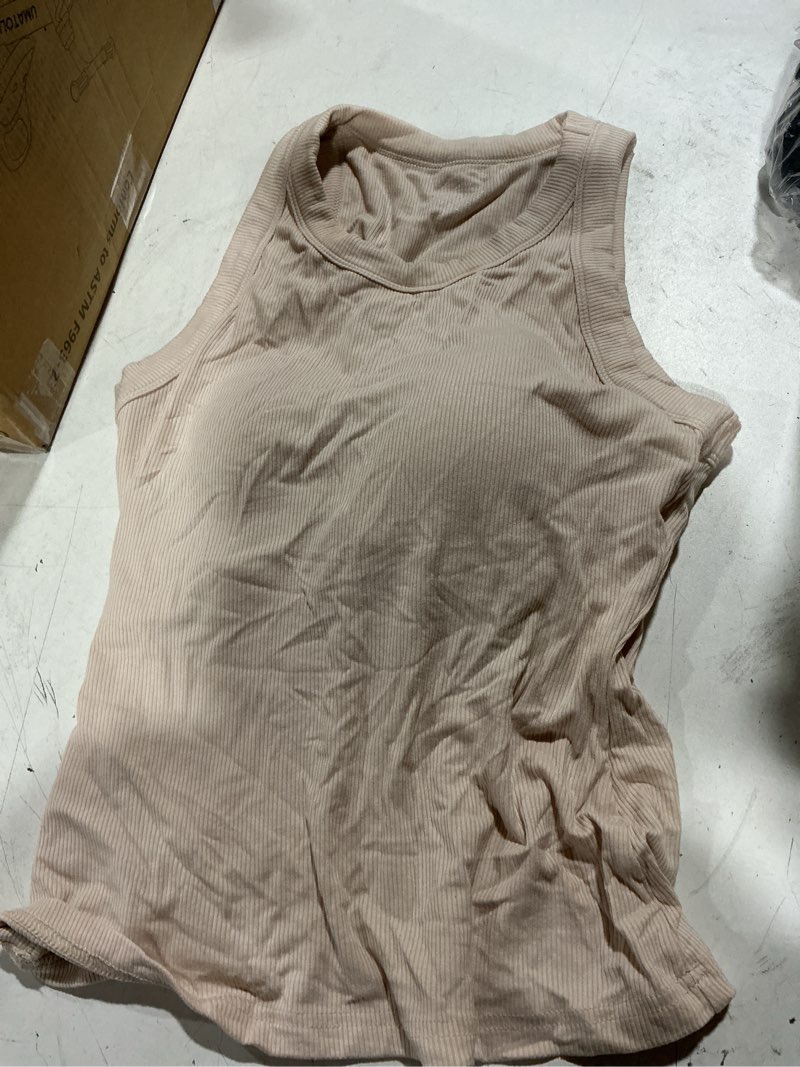 Condition photo showing Good Condition for chicme women built-in bra tank tops sleeveless casual shirts racerback ribbed fitted tank tops small apricot