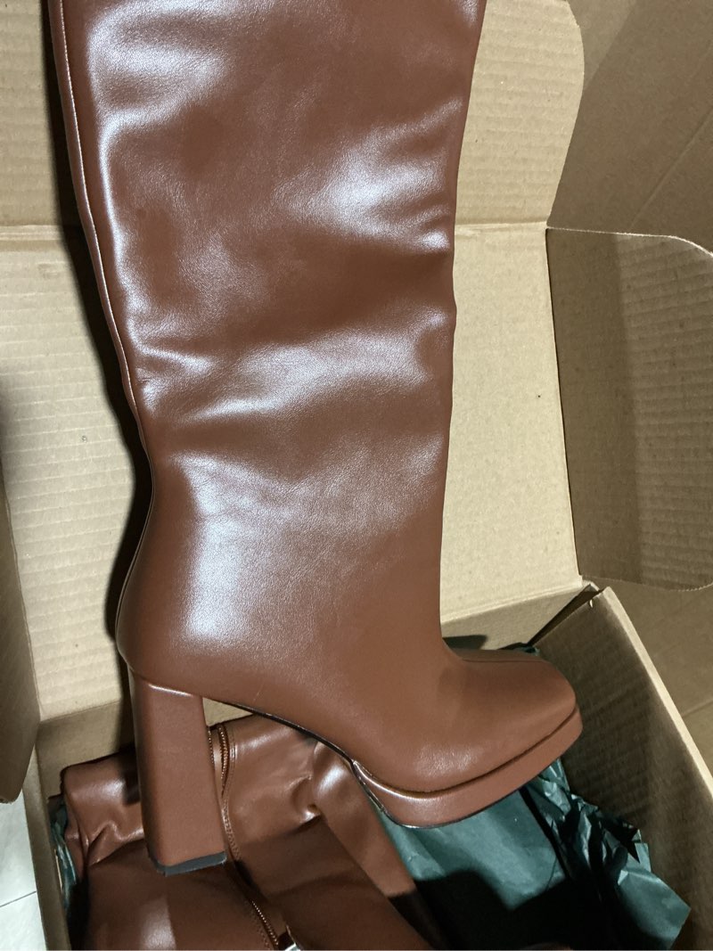 Condition photo showing As Is for mikarka knee high boots for women: block high heel tall boots - side zip square toe vegan leather heeled platform long fall boots