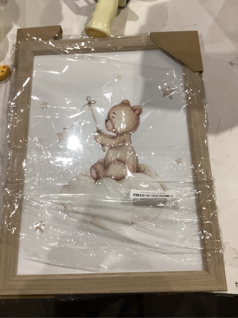 Condition photo showing Good Condition for 3 pcs framed teddy bear nursery canvas wall art bear sleeping on the moon and stars wall decor pictures balloon cloud neutral poster prints for kids baby room kindergarten home decoration 12x16in canvas 12x16in