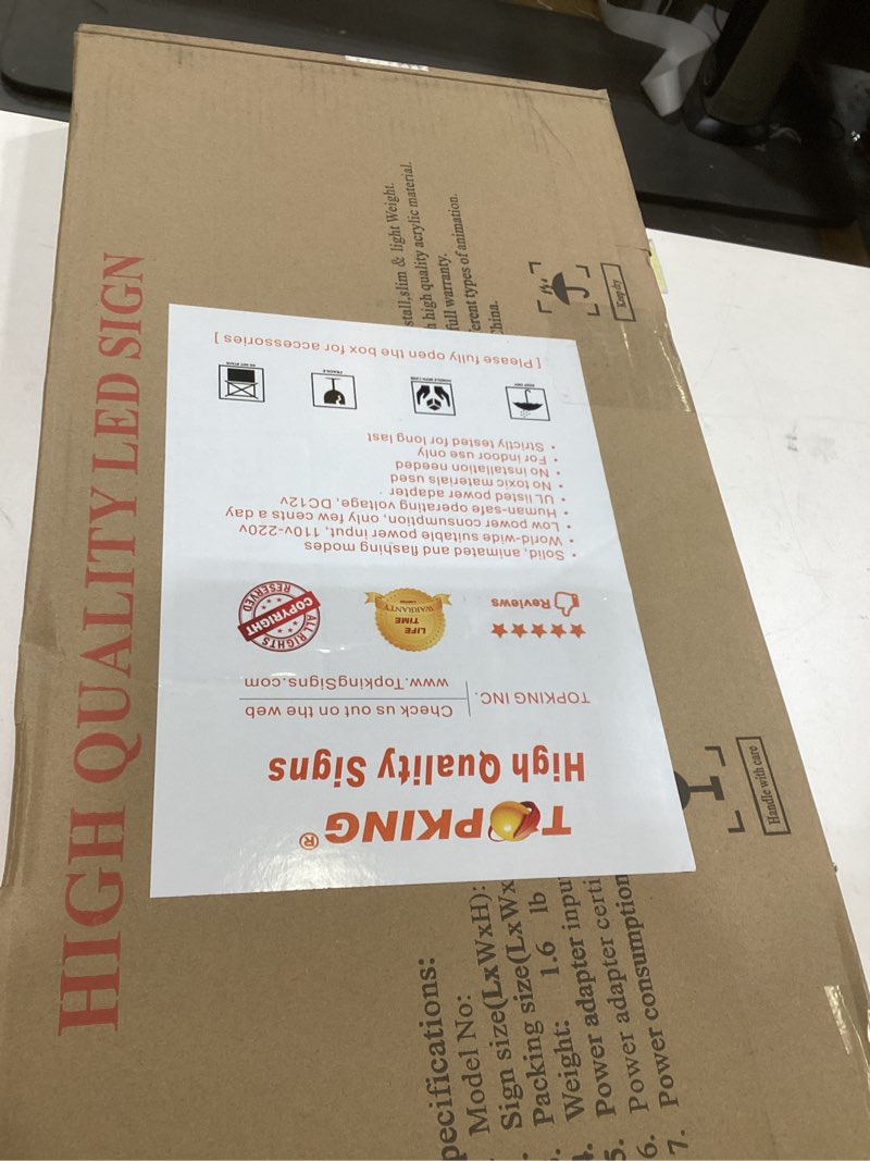 Condition photo showing Good Condition for Open Sign Vertical, 12"x24", 30x60cm, TOPKING, Signage, LED, Bright, Open, Signboard, Display, Grand