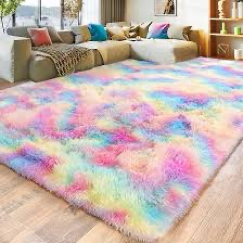 fluffy 9x12 large area rugs for girls bedroom living room, rainbow soft washable shag carpet for kid