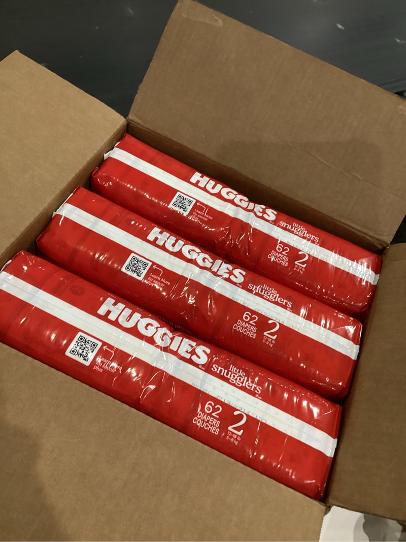 Condition photo showing New/Like New for huggies size 2 diapers, little snugglers baby diapers, size 2 (12-18 lbs), 186 count (3 packs of 62), packaging may vary