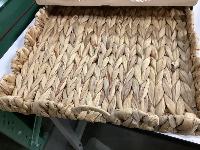 Condition photo showing Good Condition for 24" l x 18" w x 2.4" h wicker scalloped tray handwoven woven rattan serving ottoman tray with handles large water hyacinth rectangle basket for decorative organizing