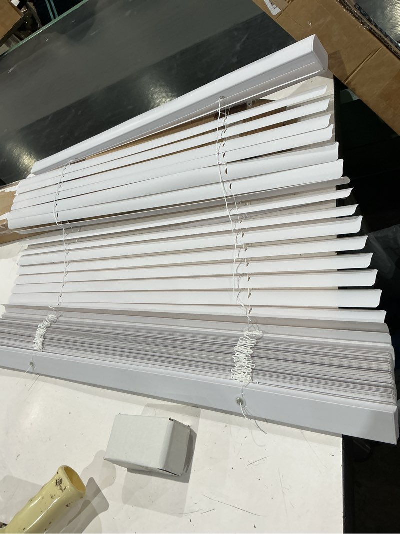 Condition photo showing Good Condition for us window and floor  cordless faux wood blinds, fit windows inside mount smooth white (we don’t know the size)
