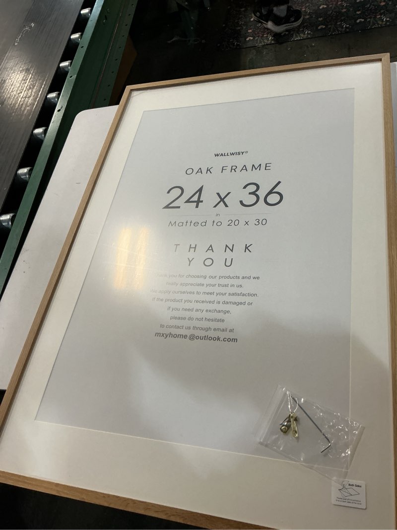 Condition photo showing Good Condition for 24x36 Oak Wood Picture Frame with Mat for 20x30, 24 by 36 USA-Sourced Natural Solid Wooden Poster Frame for Wall Display, Tempered Real Glass, Hanging Hardware Included, Walnut Color 24X36-1P Walnut