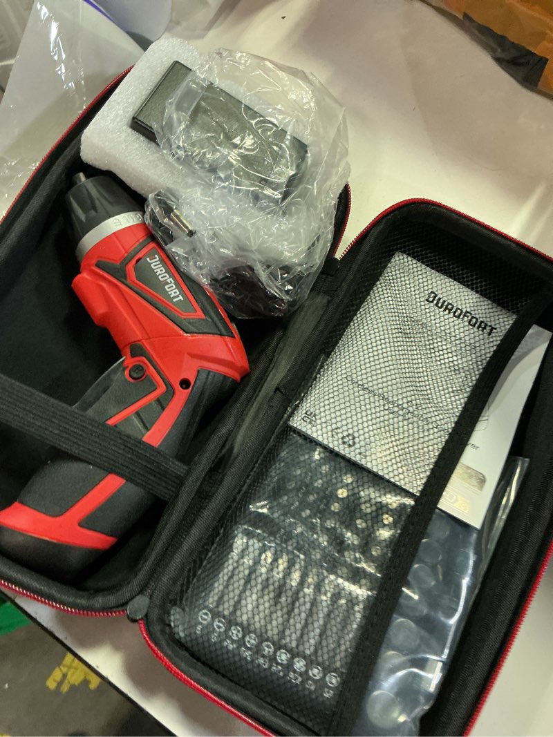 Condition photo showing New/Like New for cordless electric screwdriver set, 8v 10nm rechargeable power electric drill, battery screw gun with driver bit, 320rpm/10+1 torque, 2 position handle, flexible shaft led light (red, 89pcs) 89pcs red