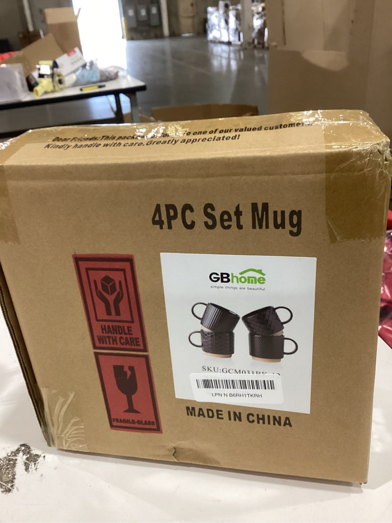 Condition photo showing New/Like New for GBhome 12OZ Stackable Coffee Mugs, Ceramic Coffee Mugs with Texture Patterns for Man,Woman,Dad,Mom, Modern Coffee Mugs Set of 4 for Latte/Cappuccino/Cocoa. Dishwasher&Microwave Safe, Black Black 12oz (No Stand)