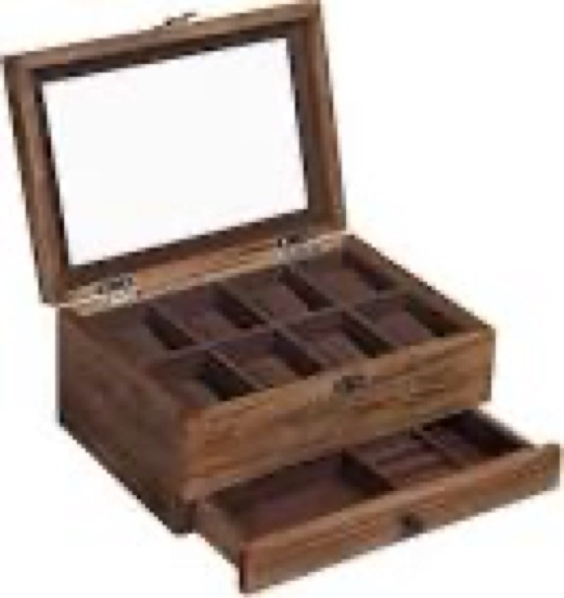SONGMICS Watch Box with 8 Slots, 2-Tier Wood Watch Case with Large Glass Lid, Watch Pillows, Velvet Lining, Jewellery Box 