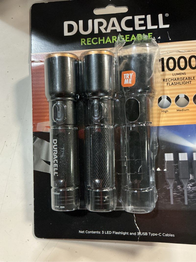 Condition photo showing As Is for duracell 1000 lumen rechargeable flashlight - 3 pack, powerful, durable & usb rechargeable