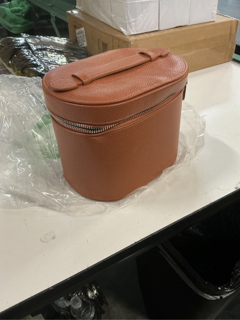 Condition photo showing As Is for makeup bag, travel make up case with compartments and handle, portable cosmetic organizer bags,toiletry bag for women brown(7.6*5.5*6 in) m(7.6*5.5*6 in)