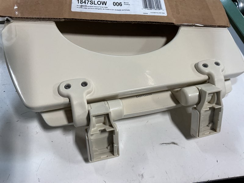 Condition photo showing As Is for Mayfair Cassel Slow Close Toilet Seat, Easy Clean, Non Slip Premium Wood Seat, Easy Install, Made in USA, Elongated, Bone Seat Elongated