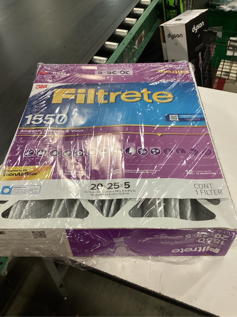 Condition photo showing As Is for filtrete 20-in w x 25-in l x 5-in merv 12 1550 mpr allergen, bacteria and virus electrostatic pleated air filter