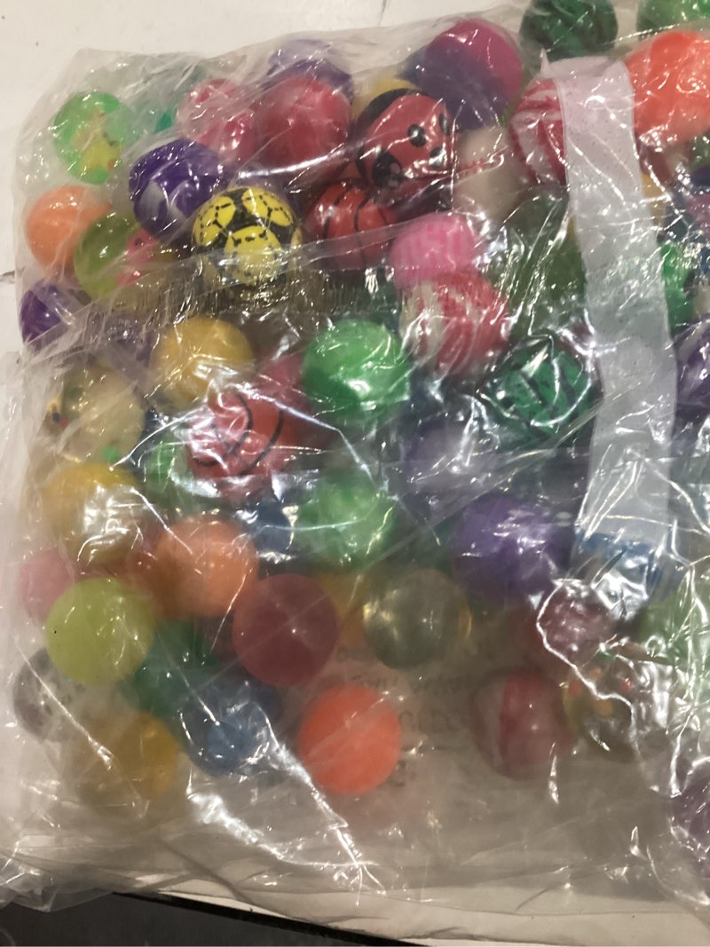 Condition photo showing As Is for OBTANIM 100 Pieces Colorful Bouncy Balls Bulk Mixed Pattern High Bouncing Balls for Kids Party Favors, Prizes, Birthdays Gift (27 mm)
