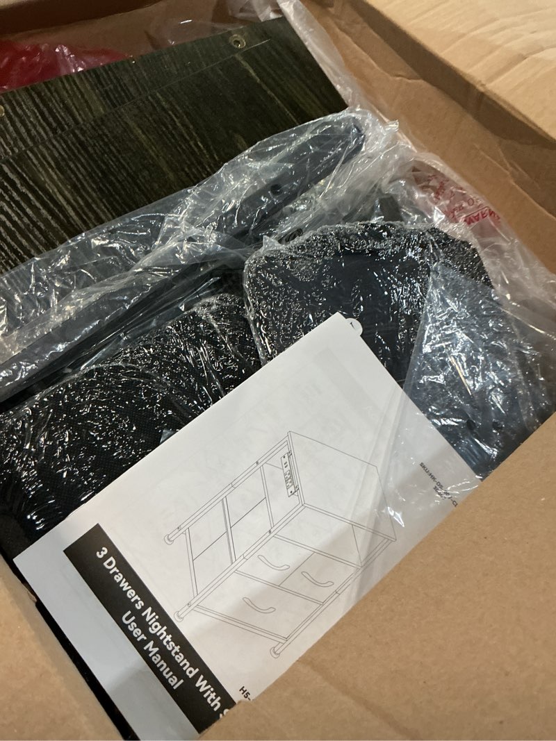 Condition photo showing As Is for Furnulem Black Nightstand with Wood Shelf, Bed Side Table with Led Light and Charging Station, 25.8 Inch End Table with 3 Fabric Storage Drawers, Small Night Stand for Bedroom Furniture Black Oak 3 Drawers