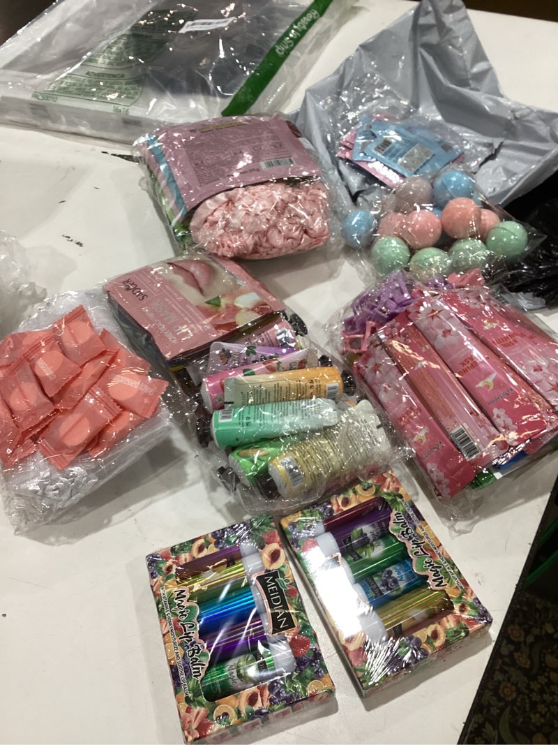 Condition photo showing As Is for 224 pcs spa party favors for women, include facial mask, face cream, hand creams, lip balms, under eye patches, lip mask, foot bath bombs, sleepover party supplies bulk womens gifts