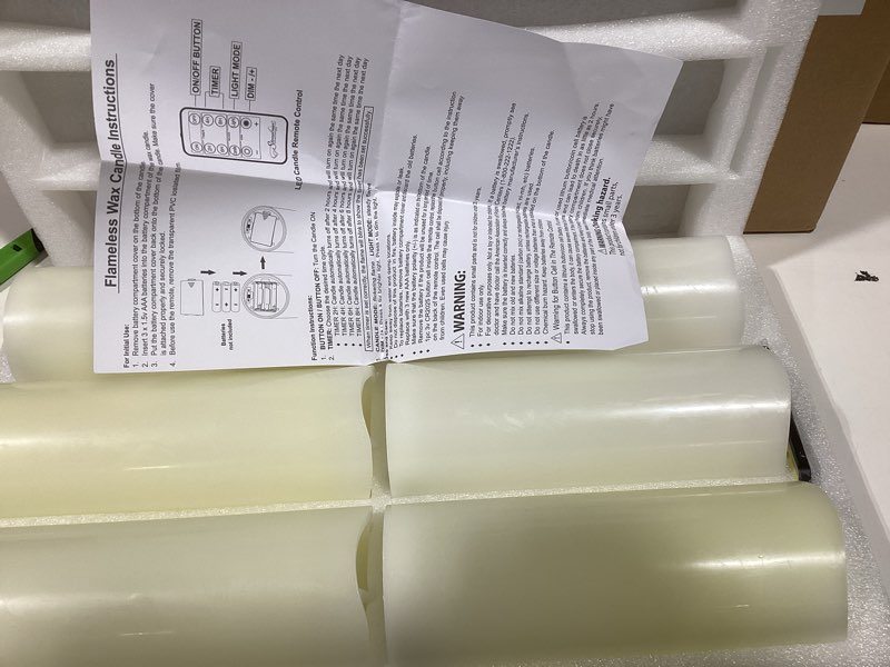 Condition photo showing Good Condition for Stonebriar 6 Count White Real Wax 3x8 Flameless LED Pillar Candles with Remote and Timer 3" x 8" White 6