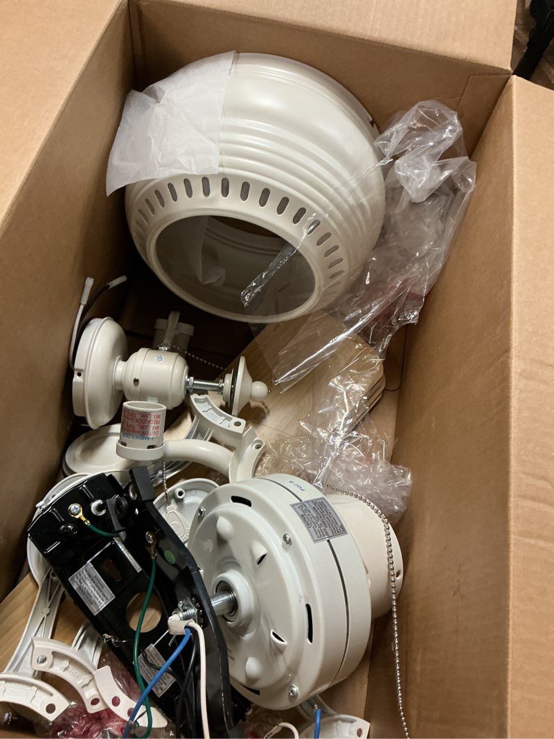 Condition photo showing As Is for harbor breeze mayfield 44-in white with white/golden blades led indoor flush mount ceiling fan with light (5-blade)