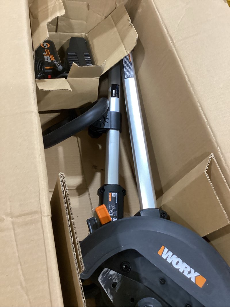 Condition photo showing As Is for worx nitro cordless lawn edger, 7'' grass edger with 3 depth settings, 20v electric edger with dual wheels & brushless motor, 4.0 ah battery & charger included, wg898 lawn edger w/(1) 4.0 ah battery