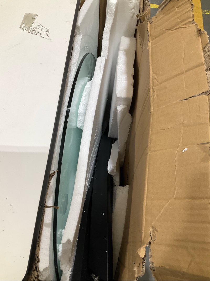 Condition photo showing As Is for Round Glass Dining Table with Crossed Metal Legs, 31.5" Modern Glass Kitchen Table for Dining Room Kitchen, Black 31.5" x 31.5" x 29.5" Black