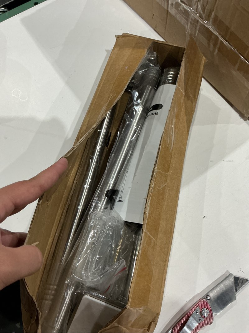 Condition photo showing As Is for brushed nickel tension curtain rod adjustable shower curtain rods 30-76 in spring no drilling or screw installation shower rod for bathroom shower bar for closet kitchen with brackets brushed nickel 30-76"