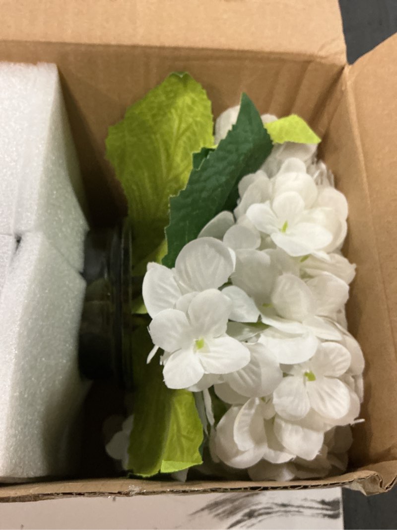 Condition photo showing Good Condition for hollyone hydrangea artificial flowers with glass vase white silk faux flowers arrangements with faux water fake floral bulk bouquet for home decor table centerpiece decorations hydrangea, white and black