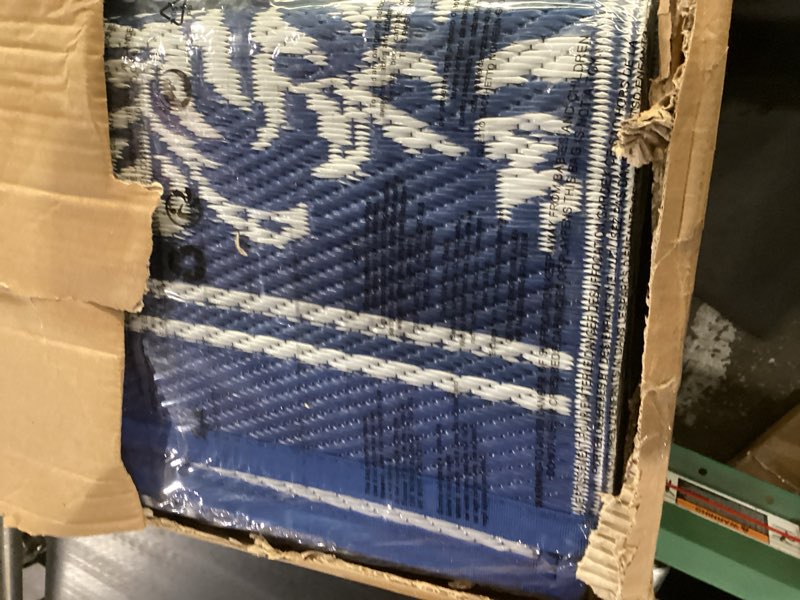 Condition photo showing New/Like New for garvee outdoor rugs 9x18 waterproof reversible mat boho leaf patio rug with 4 stakes and starage bag, large outdoor rv mat rugs for camping, picnic, balcony, deck, backyard, teal & white teal & white 9' x 18' (rectangular)
