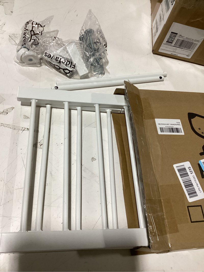 Condition photo showing New/Like New for dog gate indoor,18"-45" extra wide metal short dog gate to step over, 14" tall small pet gate with 3 extension kits, pressure mounted for doorways & stairs 18-45''w*14''h white