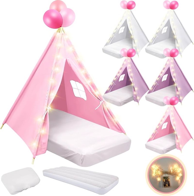 Lemosae 6 Pack Sleepovers Teepee Tent for Kids Bulk with Mattress Sheet Light,Natural Cotton Washabl