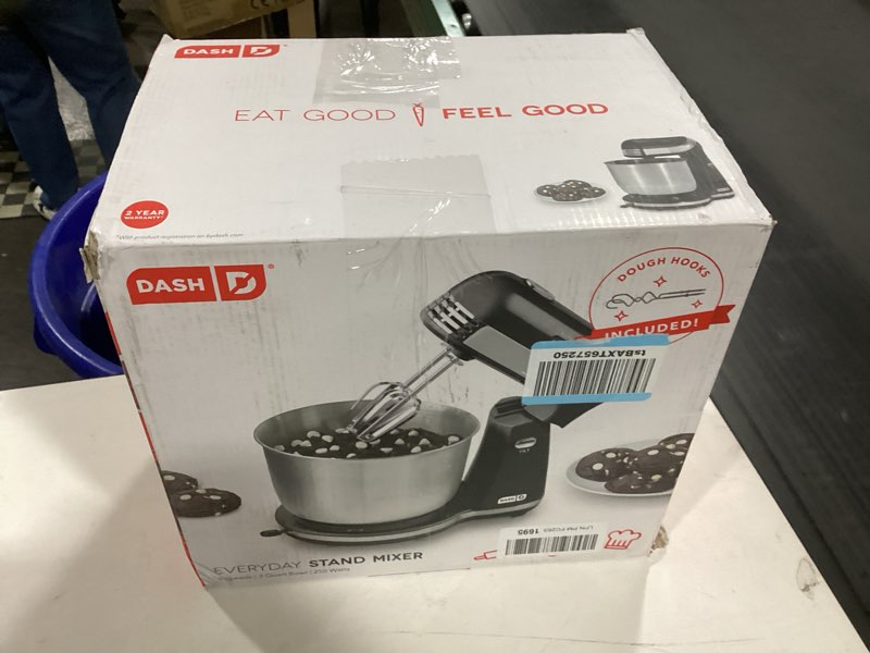 Condition photo showing Good Condition for Dash Stand Mixer (Electric Mixer for Everyday Use): 6 Speed Stand Mixer with 3 qt Stainless Steel Mixing Bowl, Dough Hooks & Mixer Beaters for Dressings, Frosting, Meringues & More - Black Black Mixer