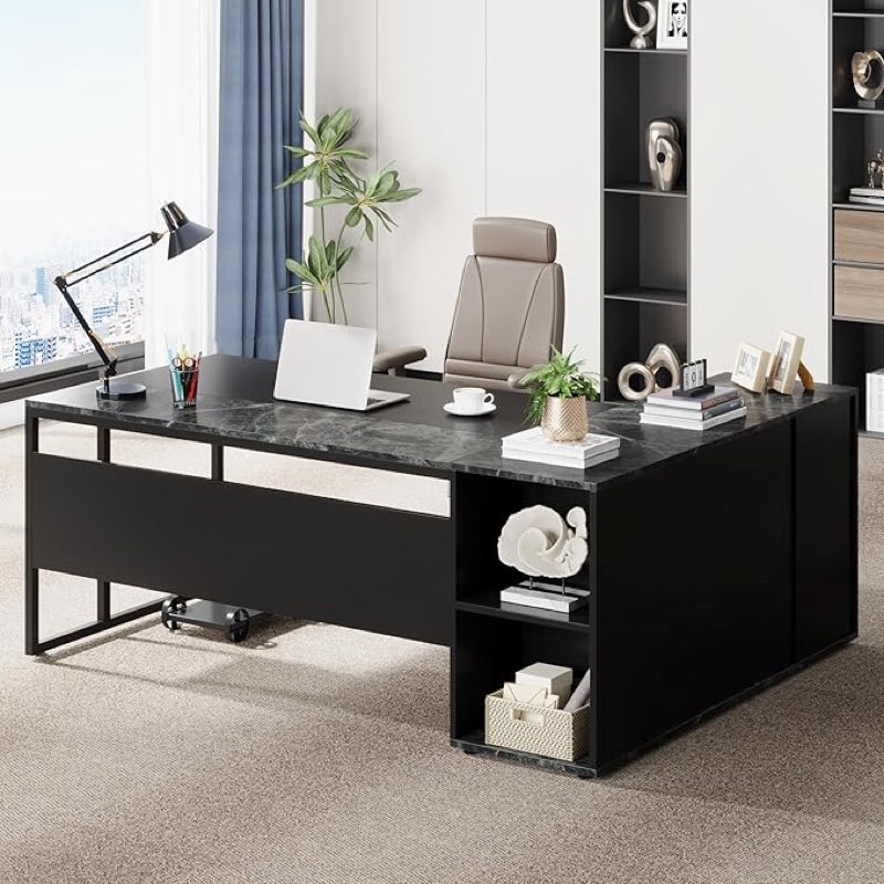 tribesigns 71 inch executive desk, l shaped desk with cabinet storage, executive office desk with shelves, business furniture set workstation for home office, black