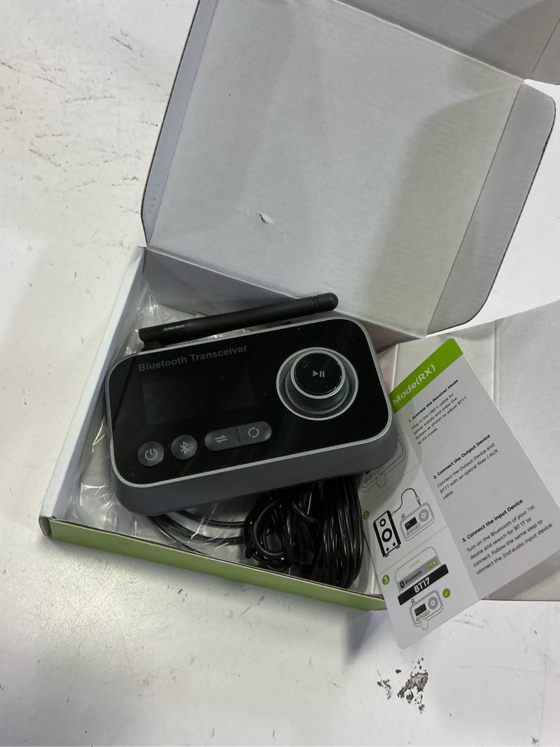 Condition photo showing Good Condition for bluetooth transmitter receiver 3-in-1 bluetooth 5.0 audio adapter for 2 headphones with bypass volume control low latency long range lcd display on/off optical aux rca for tv home stereo speaker