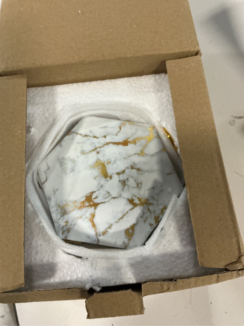 Condition photo showing Good Condition for Coasters Set of 8 with Metal Holder Stand, Marble Design Ceramic Coaster Set, Cork Base, Gold Home Decor for Tabletop Protection, Gold Decor, Bar Cart Accessories (Golden) Golden Hexagon